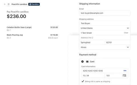 The Stripe Checkout page in test mode shows the two Joinery items and the card payment form.
