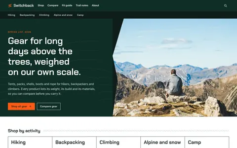 The Switchback home page shows sample outdoor gear, activity categories and a specification sheet ordered by weight.