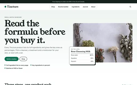 The Tincture home page shows routine steps and sample skincare products.