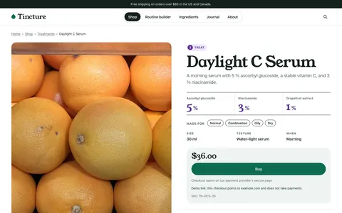 The Tincture product page shows ingredient percentages, directions and purchase options.