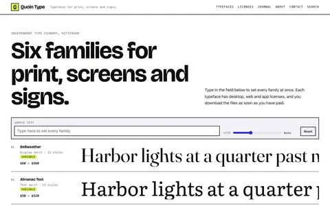 The Typecase home page shows font specimen rows and a shared sample bar.