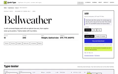 The Typecase product page shows a font specimen, live type tester and license choices.